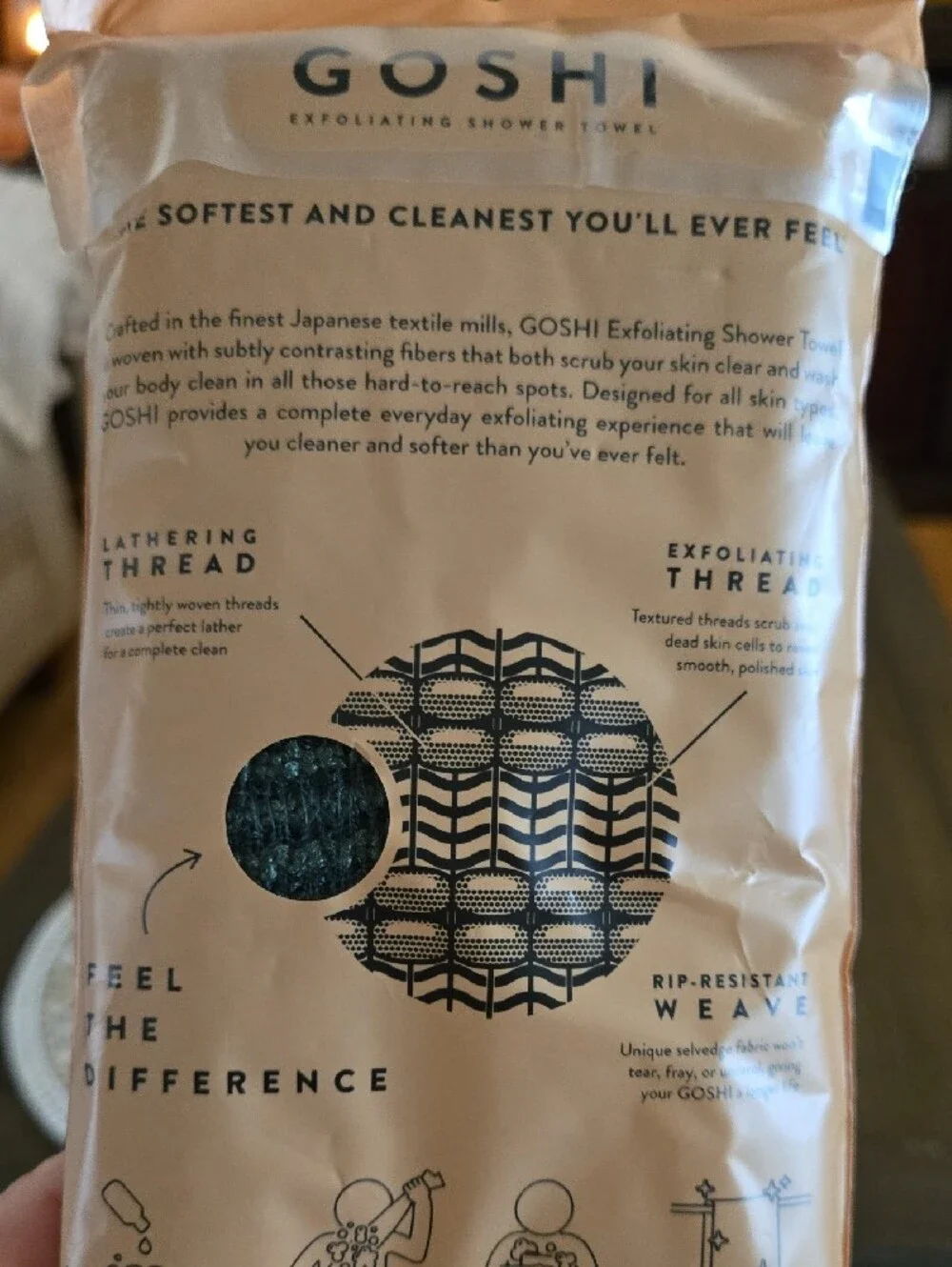 GOSHI Exfoliating Shower Towel. Brand New in Package.